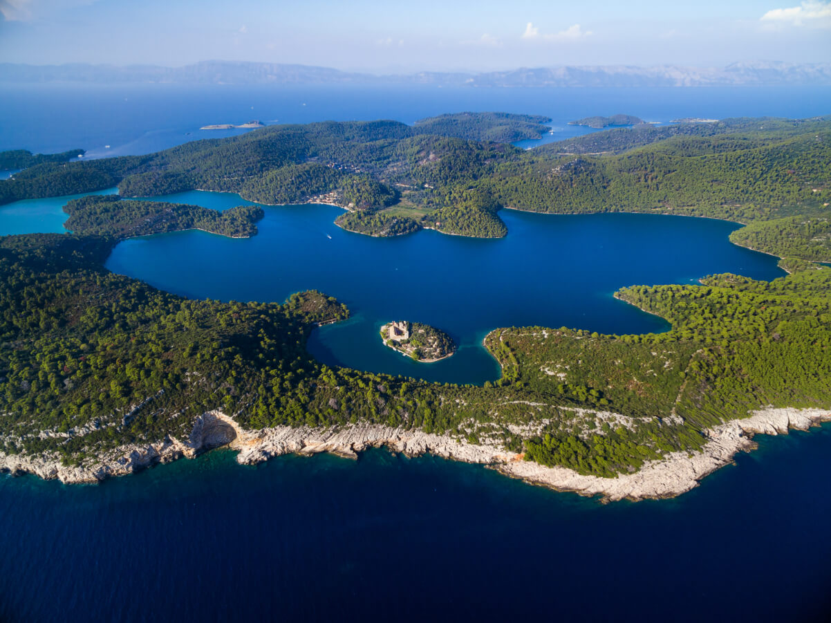 Aerial view of Mljet Lake with Monastery of Saint Mary