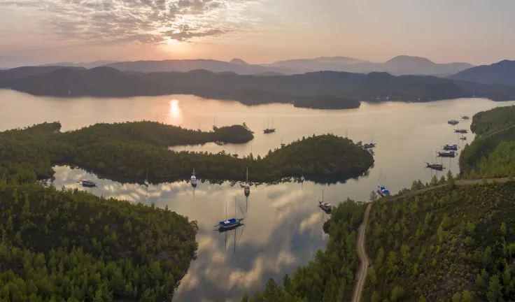 Aerial panorama of English Harbor in Gokova Gulf Bodrum Turkey