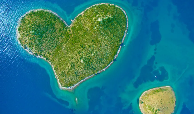 Aerial view of the heart shaped Galesnjak island on the adriatic coast of Croatia