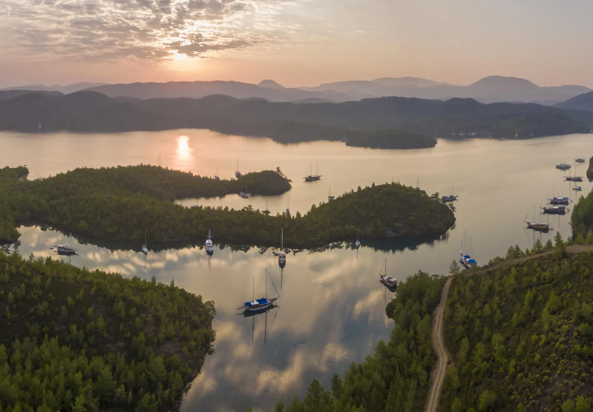 Aerial panorama of English Harbor in Gokova Gulf Bodrum Turkey