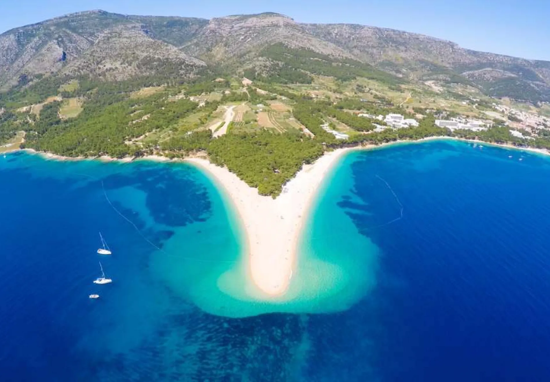 erial view of Zlatni Rat beach close to the town of Bol on the island of Brac, Croatia