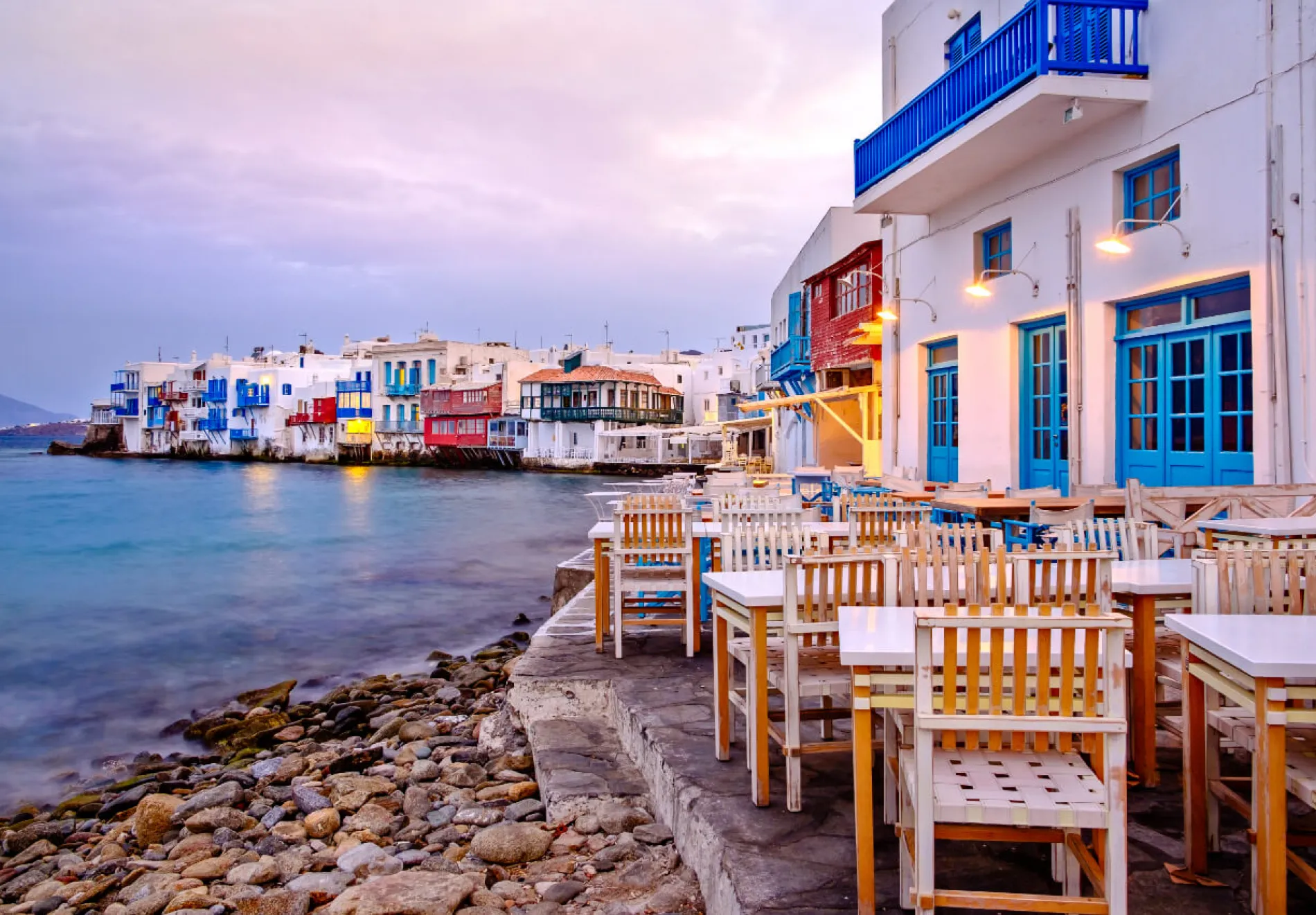 Beautiful sunrise at Little Venice on Mykonos island Cyclades Greece