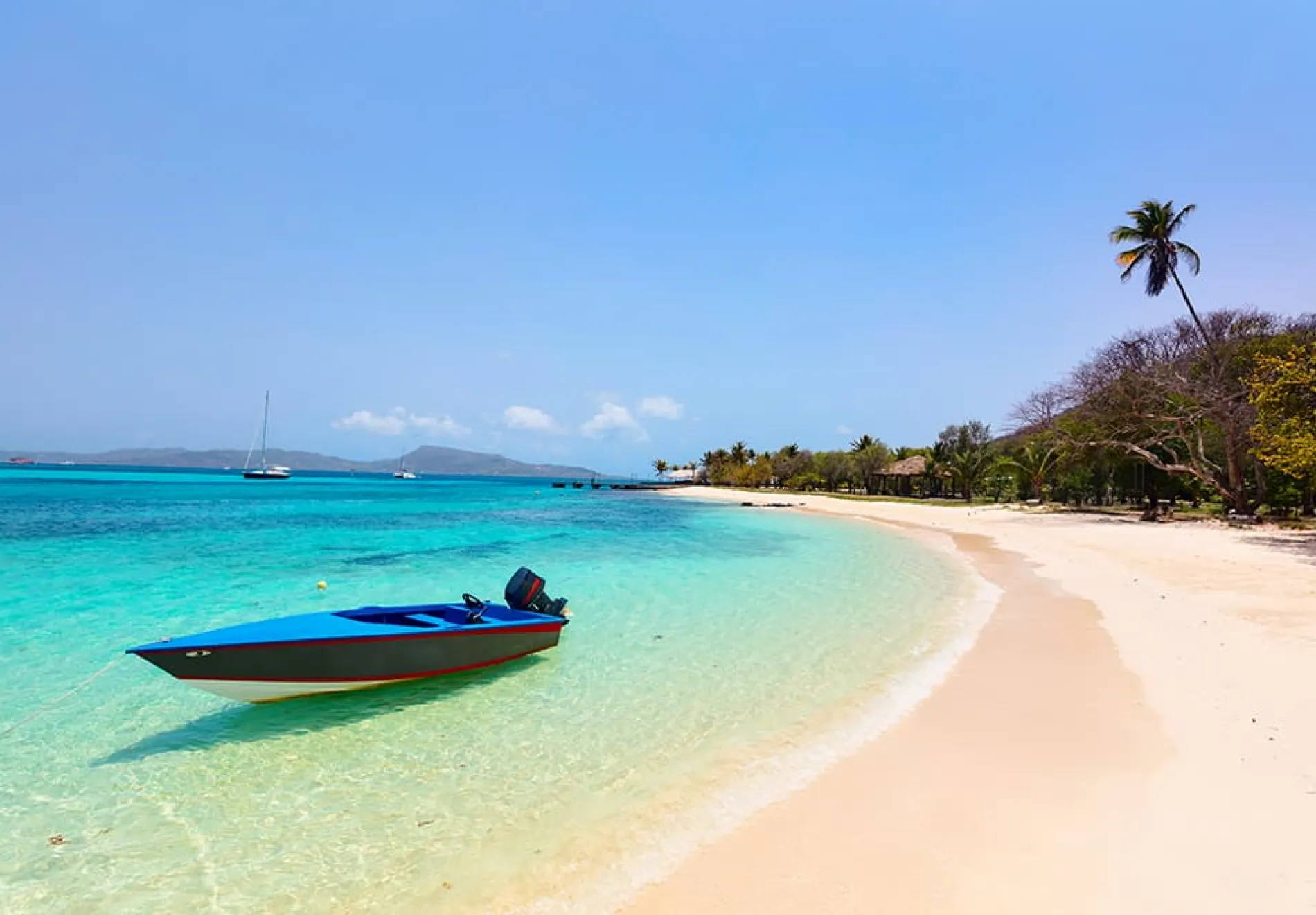 Idyllic-tropical-beach-with-white-sand-palm-trees-and-turquoise-Caribbean-sea-water-on-exotic-island-in-St-Vincent-and-the-Grenadines