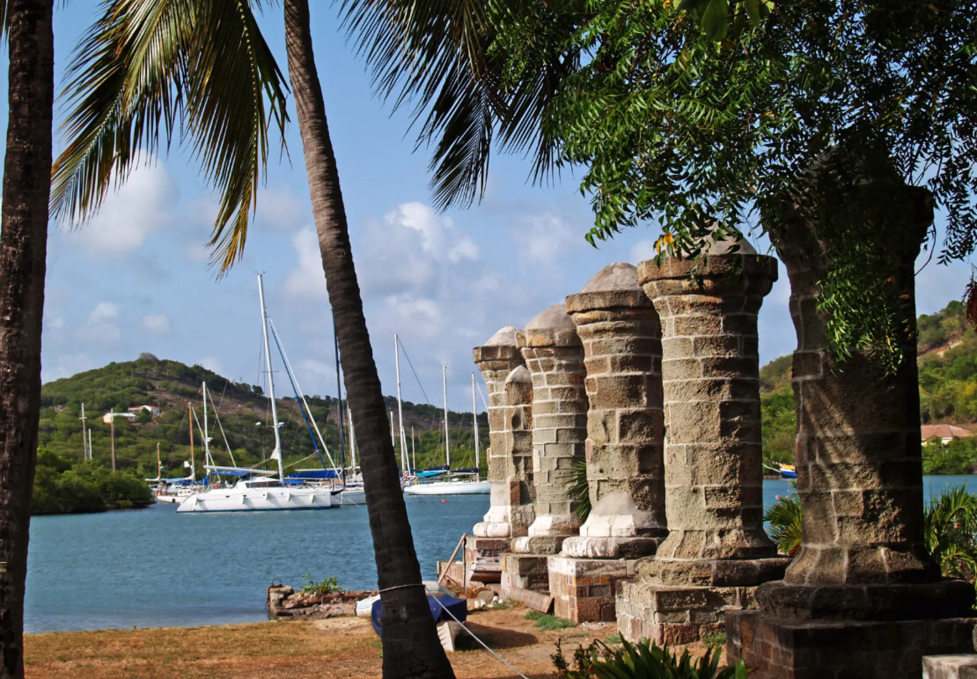 Old sail loft pillars in English Harbour inside Nelsons Dockyard National Park, on Antigua Barbuda