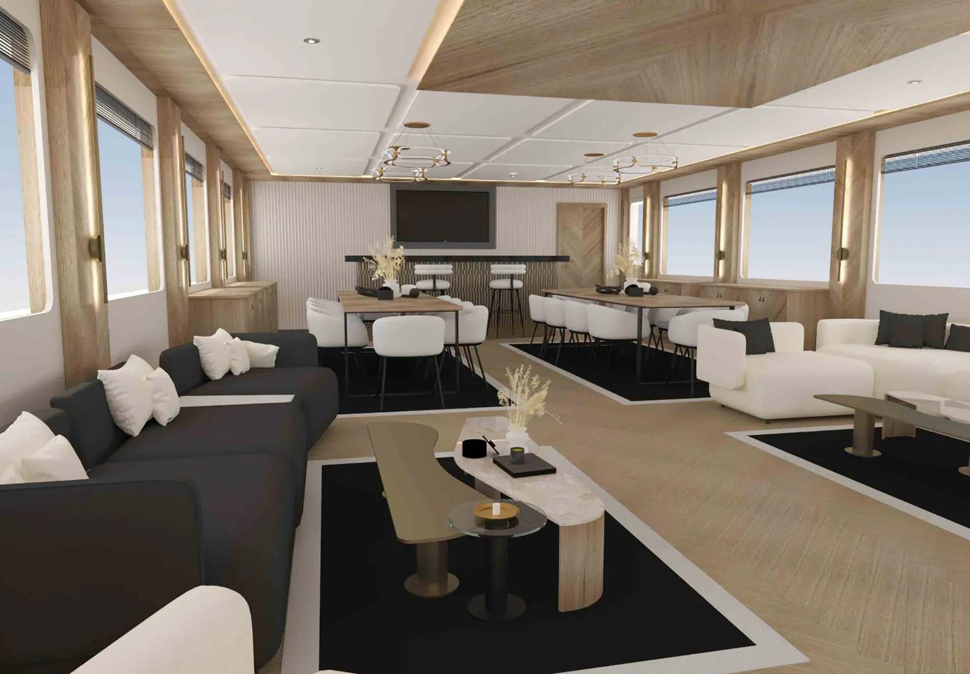 Onboard comforts include a deck jacuzzi, air conditioning, and Wi-Fi connectivity