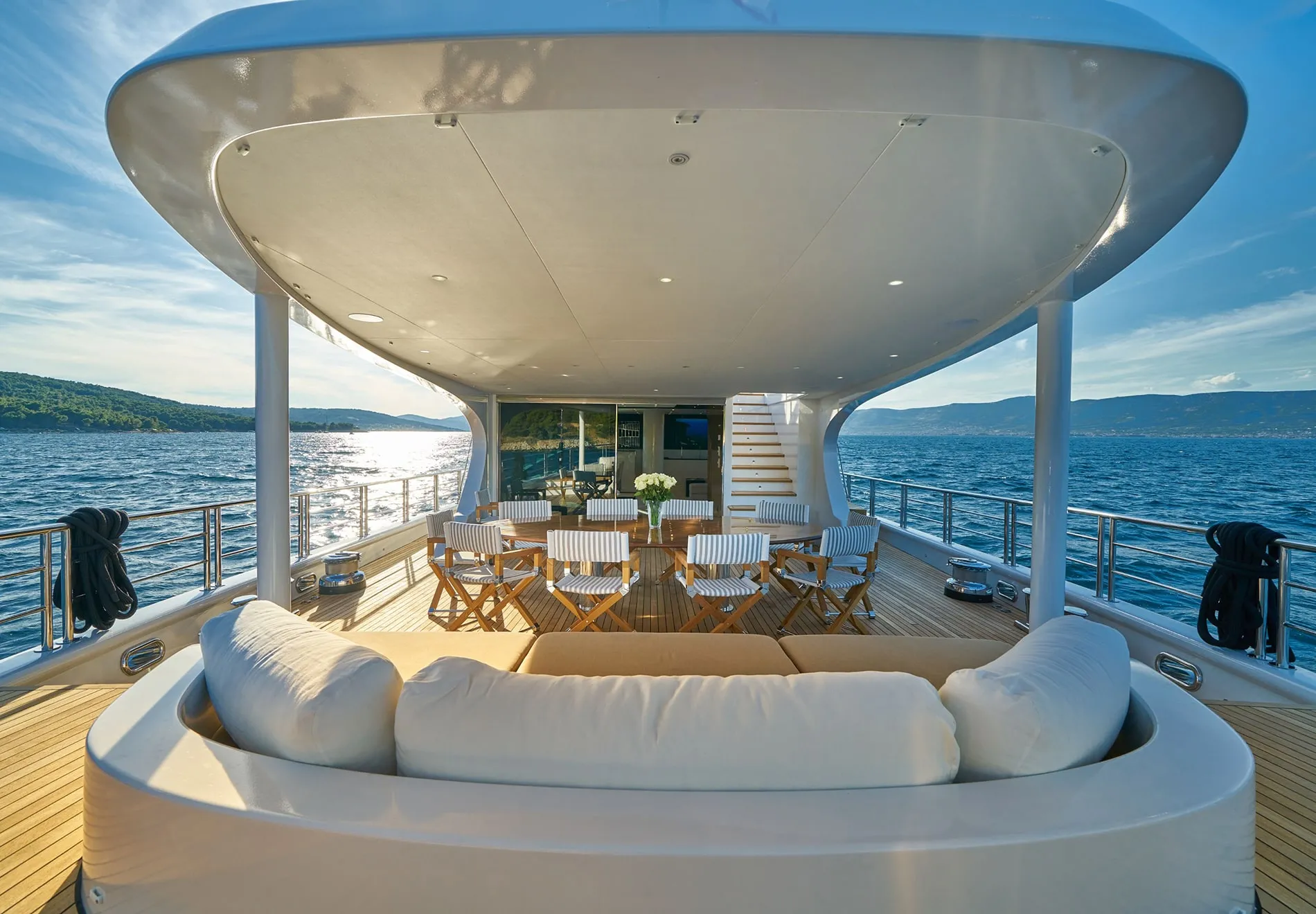 The yacht features sleek interiors, an open-plan dining area, a luxurious saloon, and a vast aft deck for alfresco dining. The expansive sun dec