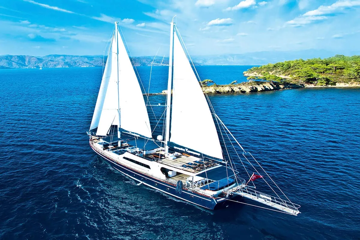 A large sailing yacht with white sails glides on vibrant blue water near a green, tree-covered island under a clear, sunny sky.
