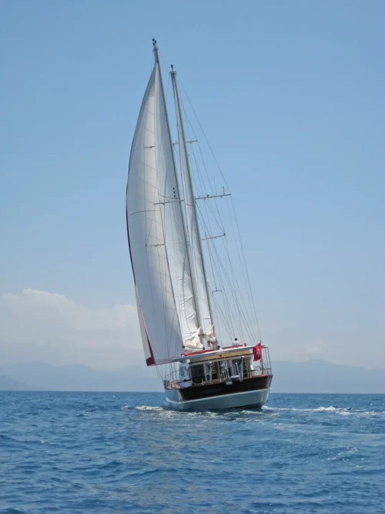 A sailboat with white sails glides across calm blue water under a clear sky, with distant mountains visible on the horizon.