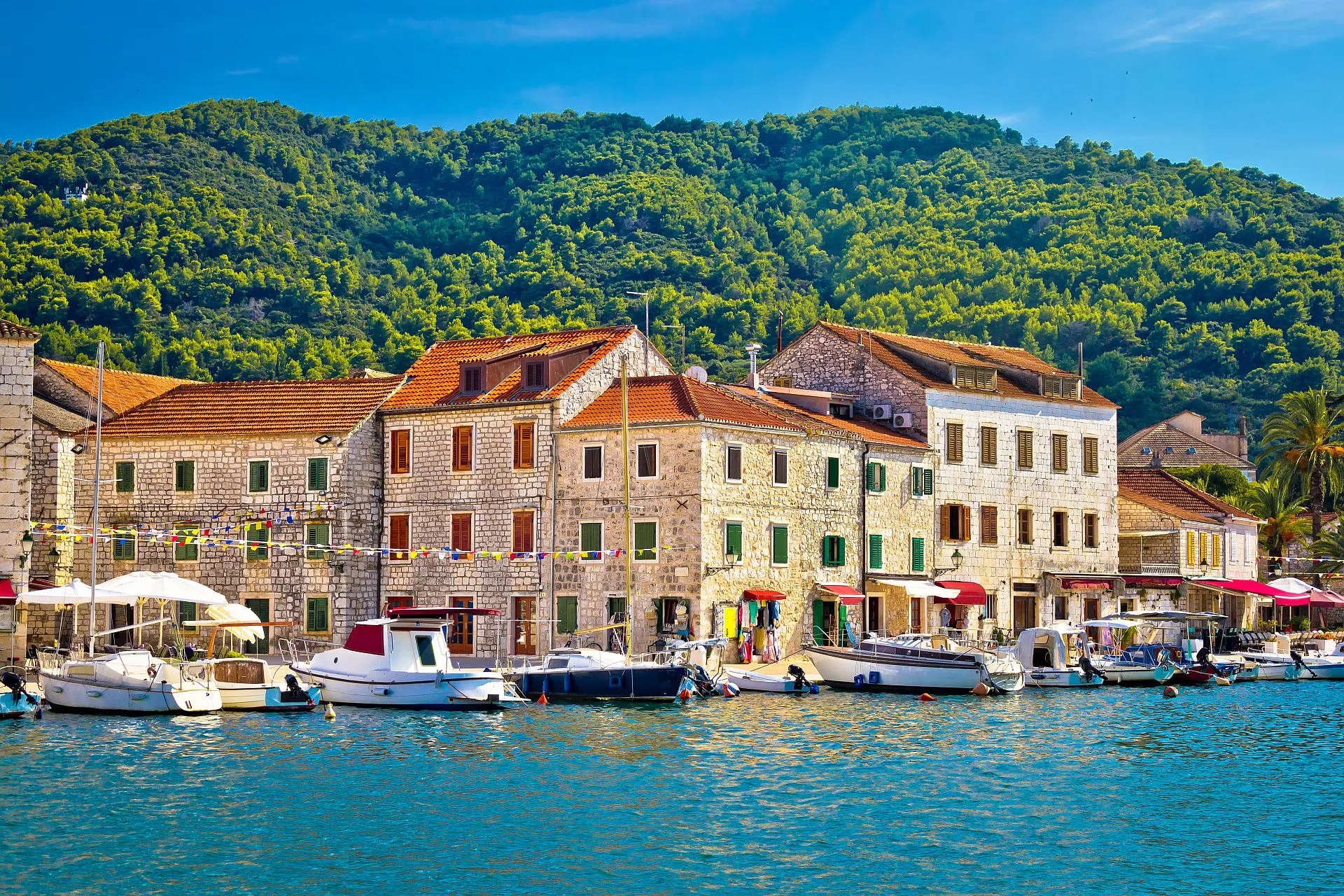 Colorful waterfront buildings with red-tiled roofs line a marina filled with small boats, set against a lush, green, forested hillside under a clear sky.