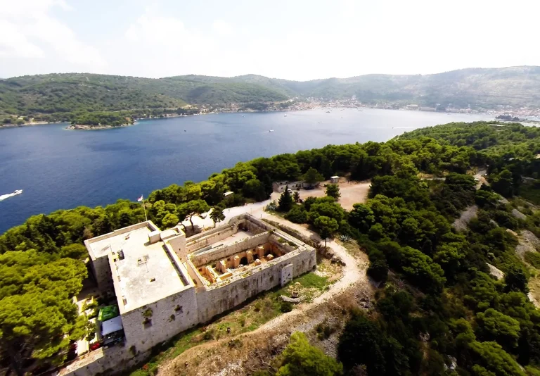 Aerial view of a stone fortress surrounded by dense green trees near a coastline, with blue water and hills in the background under a partly cloudy sky.