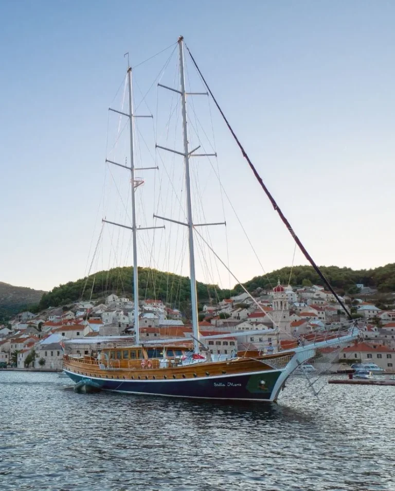 A large wooden sailboat with two tall masts floats on calm water near a coastal town with red-roofed buildings and green hills in the background, under a clear sky.