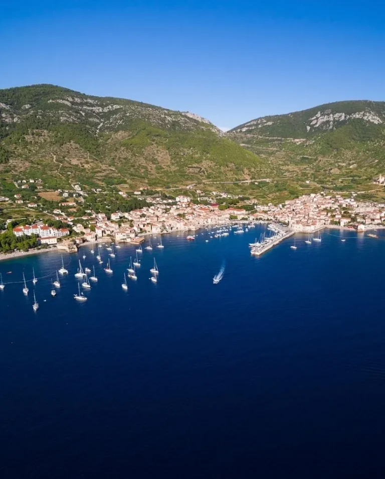 Aerial view of a coastal town with red-roofed buildings, surrounded by green hills. Numerous sailboats and yachts are anchored in the deep blue water near the shoreline under a clear blue sky.