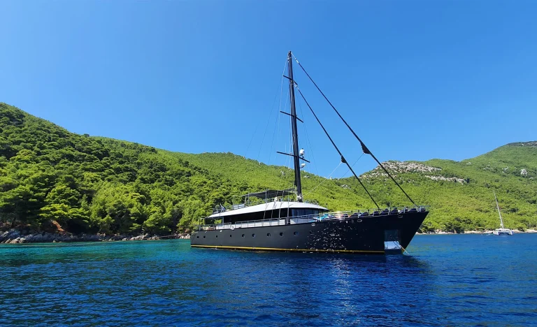 A sleek black yacht with tall masts floats on clear blue water near a lush green, forested coastline under a bright blue sky. Another smaller boat is visible in the background.