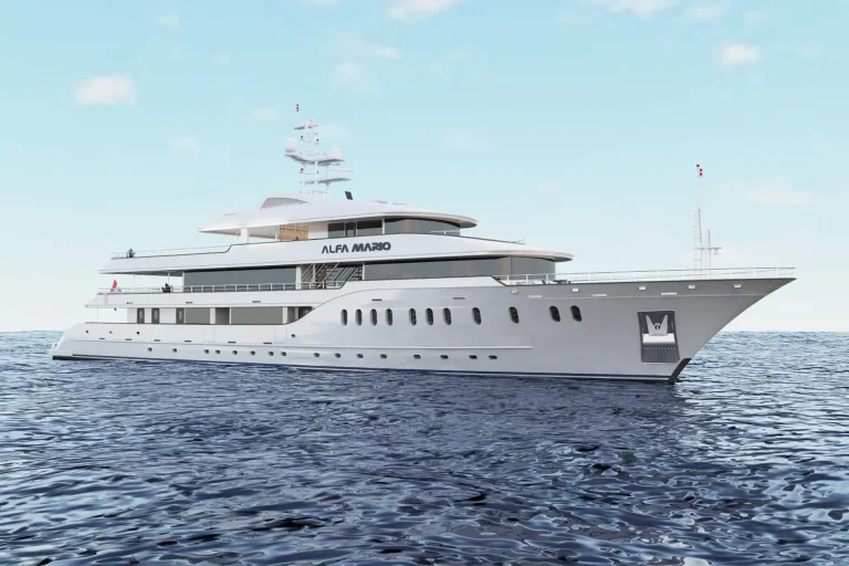 A large, white luxury yacht named ALFA NERO sails on calm blue ocean waters under a partly cloudy sky. The yacht features multiple decks and sleek, modern design elements.