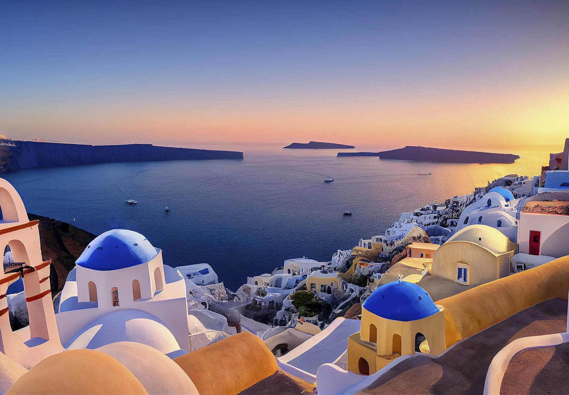 Colorful buildings with blue domes overlook a calm sea in Santorini, Greece at sunset. The sky glows with warm orange and purple hues, and distant islands are visible across tranquil, deep blue waters.