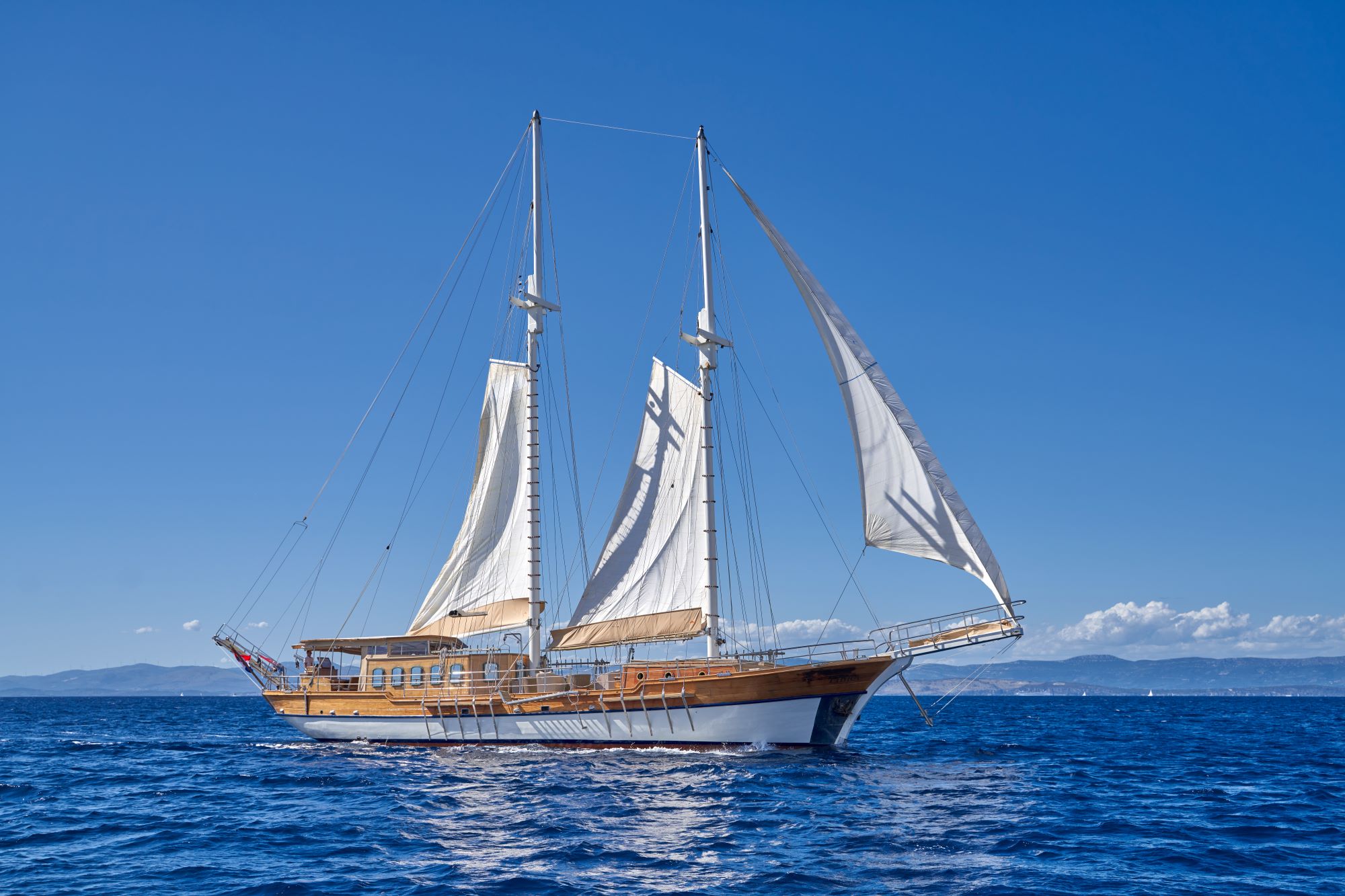 LIBRA A large wooden sailboat with multiple white sails glides on calm blue water under a clear sky, with distant mountains visible on the horizon.