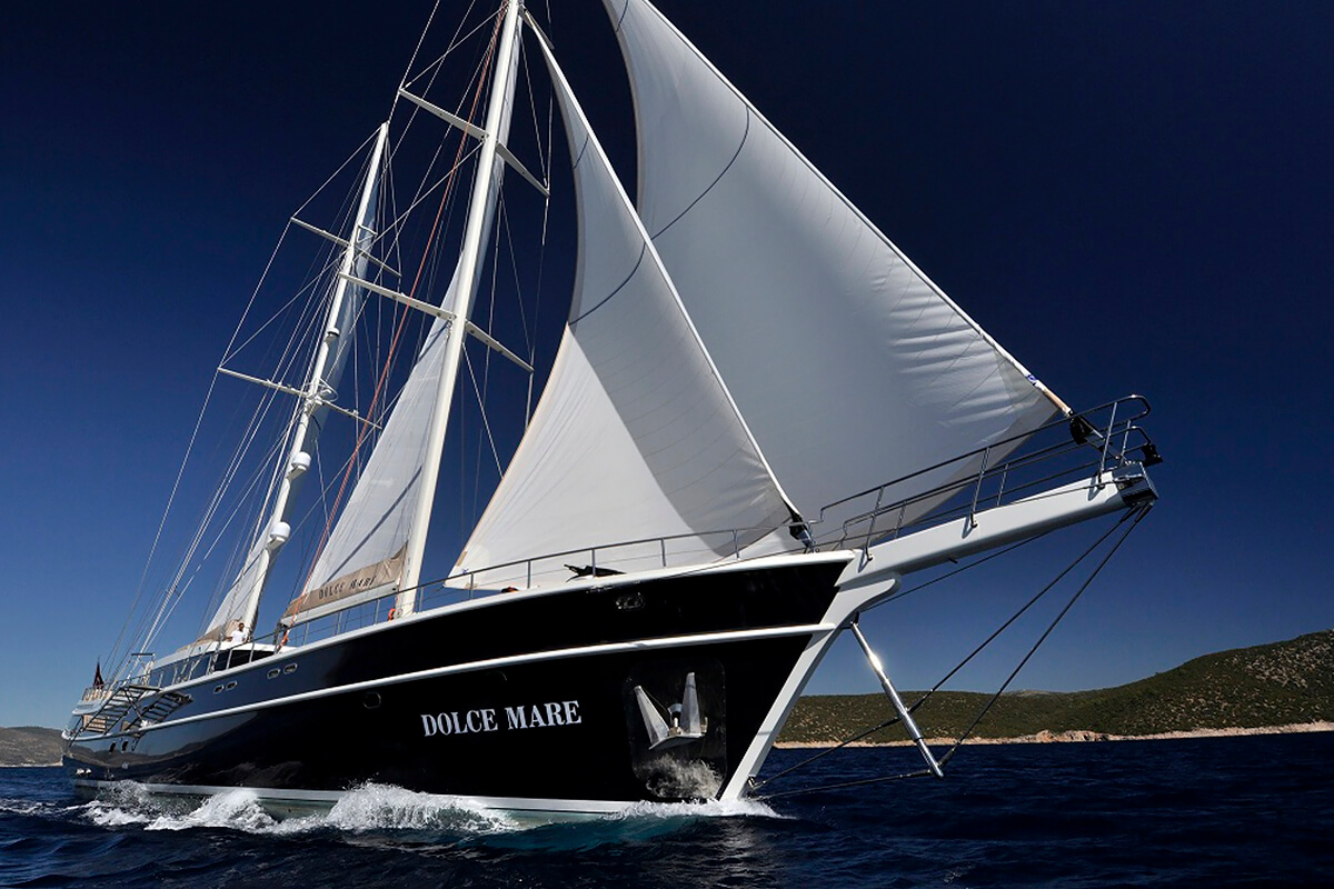 A large sailboat named DOLCE MARE glides across deep blue water with white sails unfurled against a clear, dark blue sky. Green hills are visible in the background.