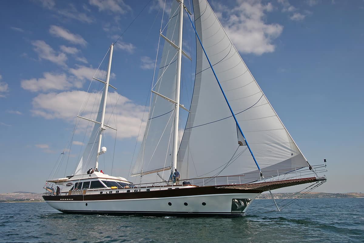 A large white sailing yacht with tall masts and billowing sails glides on calm blue water under a partly cloudy sky; a few people are visible on deck.