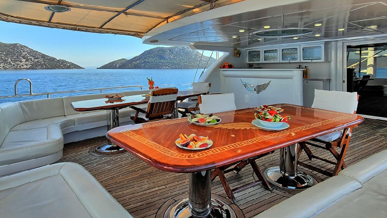 ANGELO II A luxurious yacht deck with elegant wooden tables set for dining, white cushioned seating, fruit platters, and a view of calm blue water and green hills in the background under a partly covered roof.