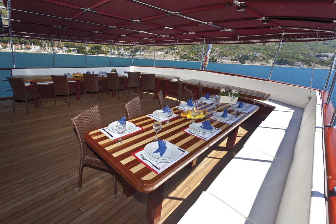 A covered outdoor dining area on a yacht for charter features a wooden table set for six, surrounded by wicker chairs and white cushioned seating, all overlooking the sea and a scenic coastal landscape.