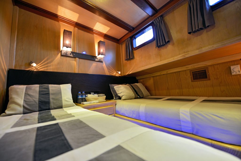 Cozy cabin with two single beds, striped bedding, a small nightstand with bottled water and tissues, wood-paneled walls, curtained windows, and soft overhead lighting creating a warm ambiance.