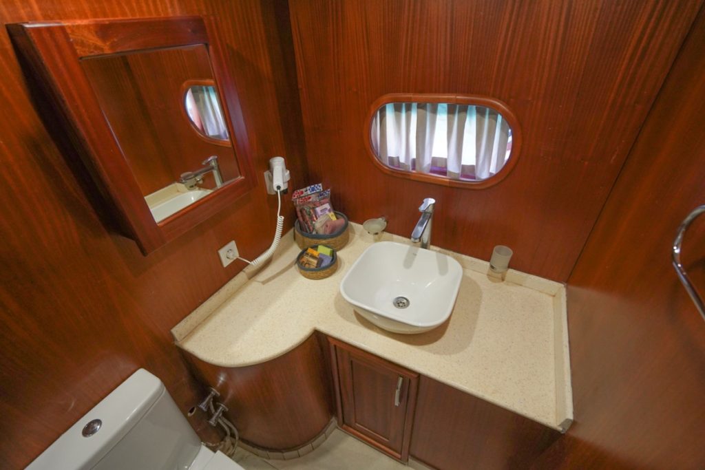 A compact bathroom with wooden walls, a square white sink on a cream countertop, a mirror, a wall-mounted hairdryer, a small window with curtains, and a toilet partially visible in the lower left corner.