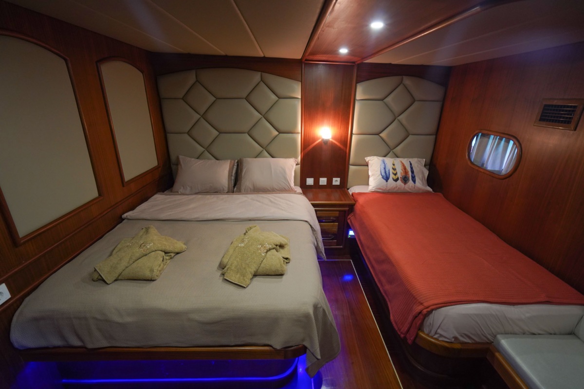 A cozy cabin with wood-paneled walls features one double bed with gray bedding and one single bed with a red cover; towels are neatly folded on the double bed, with soft lighting and a small window.