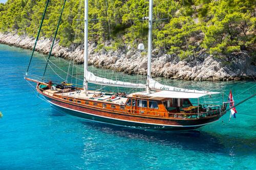 A wooden sailboat with two masts floats on clear turquoise water near a rocky shoreline covered with green trees. The boat has a red and white flag on the stern.