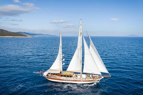 A large sailboat with white sails glides across calm blue ocean water near a coastline with hills under a clear sky.