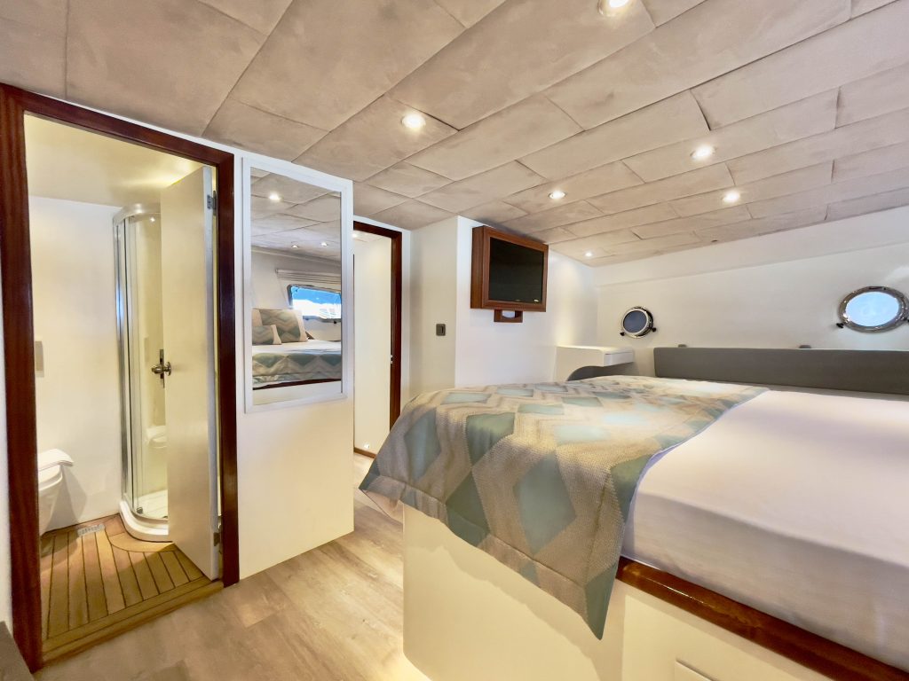 A bright, modern yacht cabin with two beds, a TV on the wall, circular windows, an ensuite bathroom with a shower, and soft, geometric-patterned bed covers.