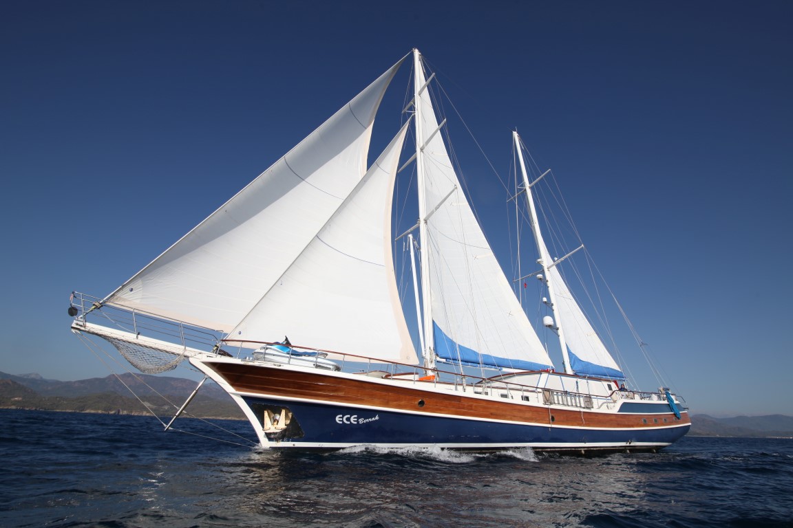 Un gran velero de madera con velas blancas se desliza por aguas tranquilas y azules bajo un cielo despejado, con tierra lejana visible en el horizonte.