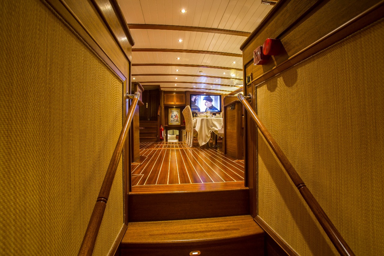 Vista desde una escalera que conduce a una acogedora habitación con paneles de madera y suelo de madera a rayas. Hay un televisor encendido en el que se ve la cara de una persona y, al fondo, una pequeña mesa con un mantel blanco y sillas.