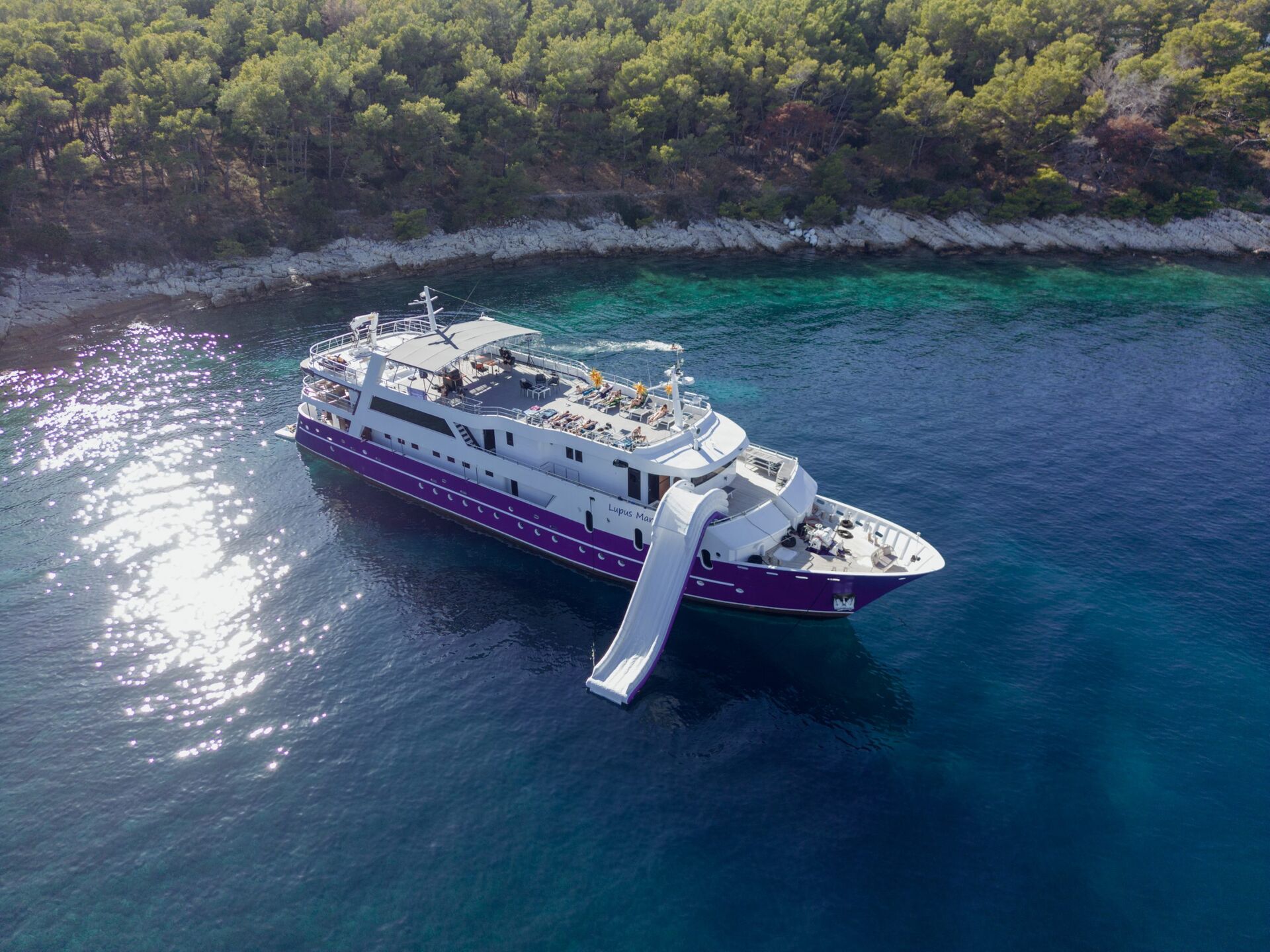 A large yacht with a white and purple exterior is anchored near a forested shoreline in clear blue water. A slide extends from the upper deck into the sea. Sunlight glistens on the water’s surface.