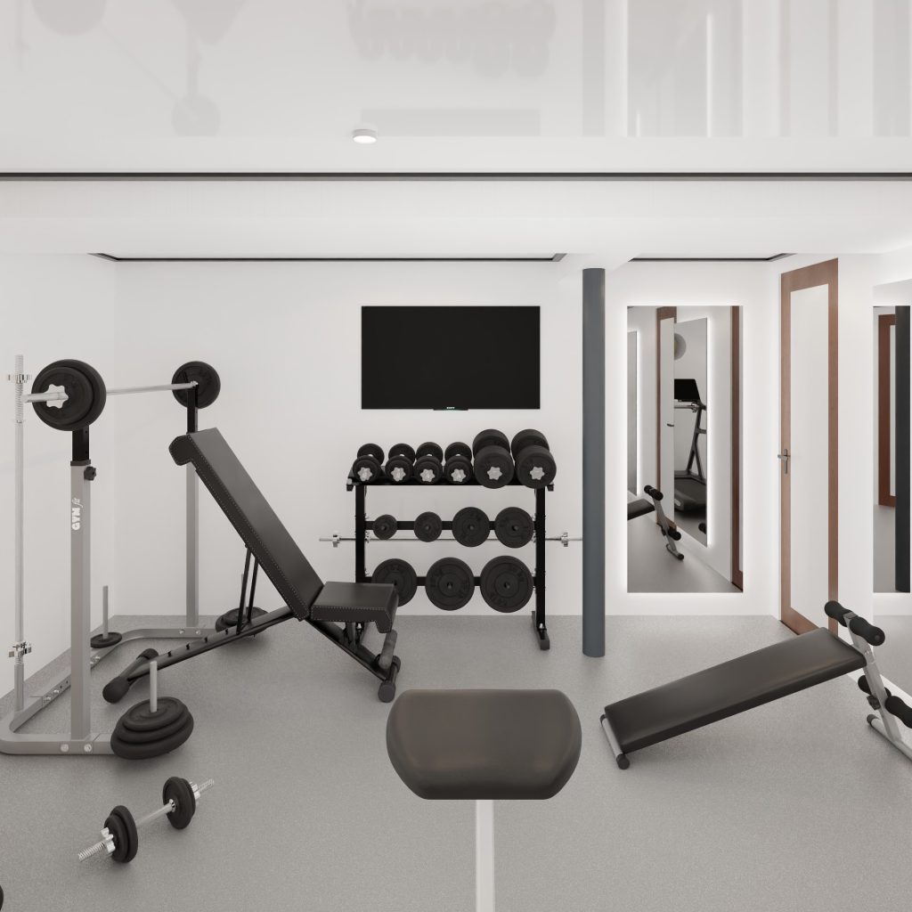A modern home gym with weight benches, a squat rack, dumbbells, barbells, weight plates, a wall-mounted TV, and large mirrors reflecting the equipment in a bright, minimalist room.