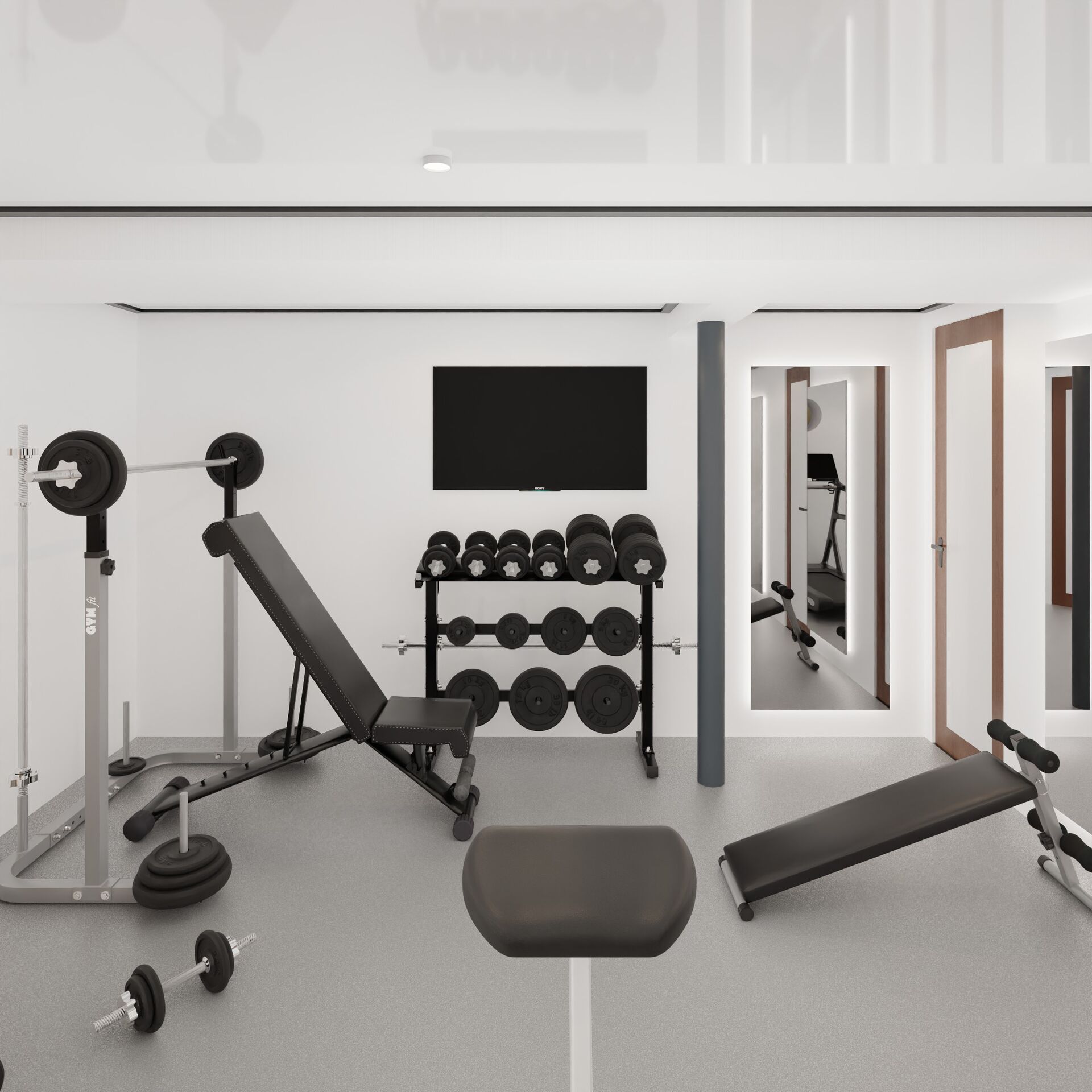 A modern home gym with weight benches, a squat rack, dumbbells, barbells, weight plates, a wall-mounted TV, and large mirrors reflecting the equipment in a bright, minimalist room.