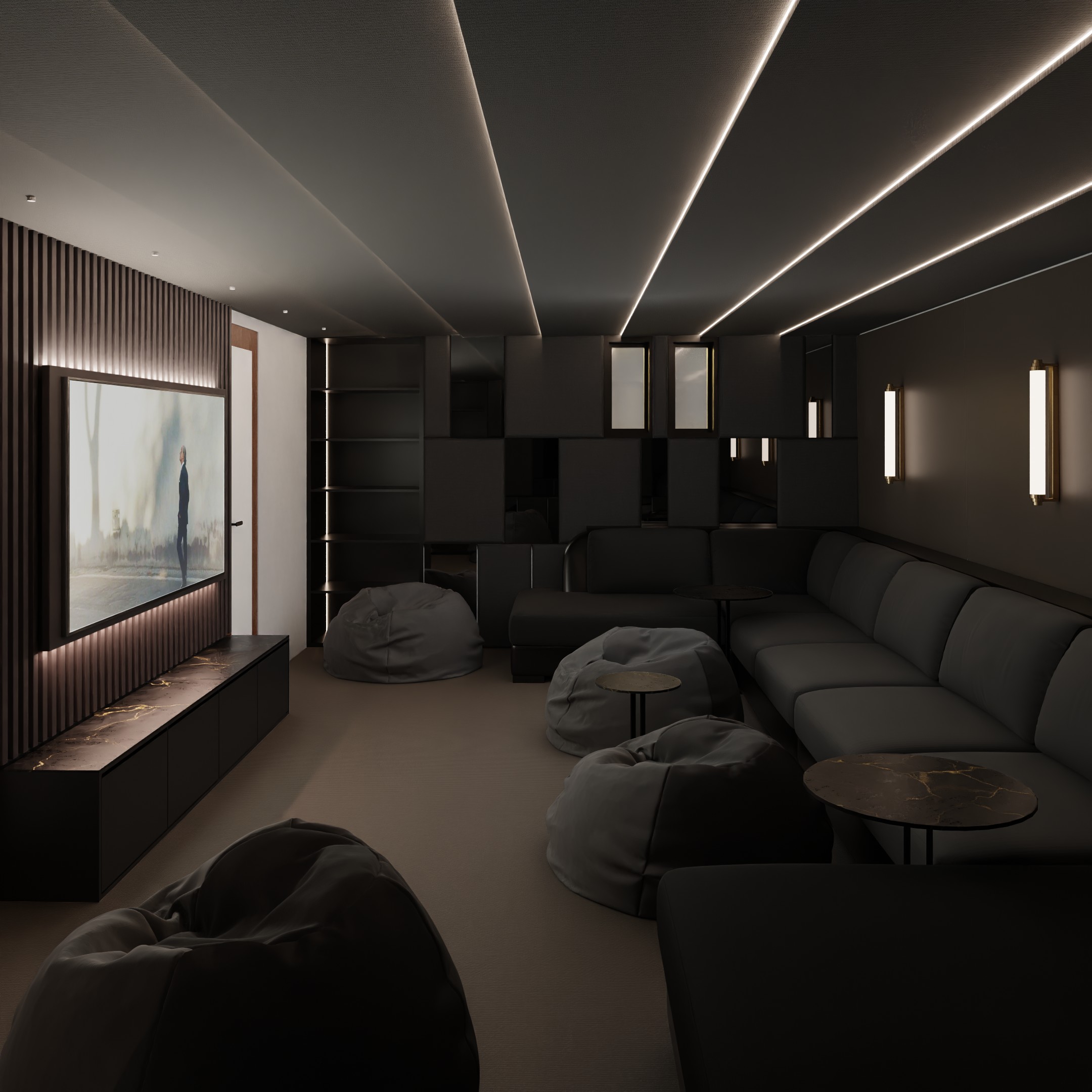 A modern home theater with dark walls, LED strip ceiling lights, a large wall-mounted TV, black bean bags, a sectional sofa, small round tables, and minimalist decor.