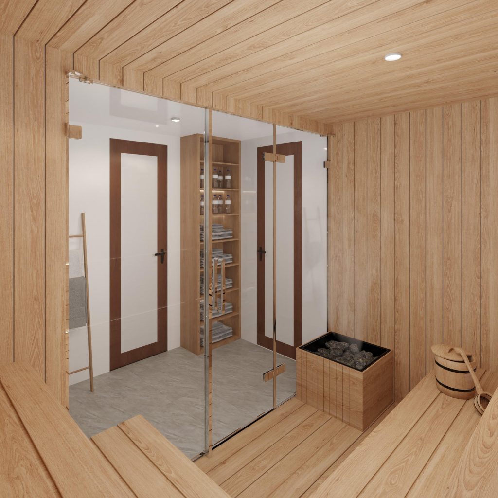 A modern wooden sauna interior with bench seating, a bucket and ladle, glass door, and a heater with stones. Outside the sauna, shelves with towels and a wooden door are visible.