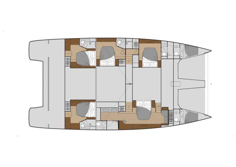 Diagram of a catamaran yacht layout showing four double cabins with en-suite bathrooms, central shared living and dining areas, kitchen, and entry points at both ends of the boat.