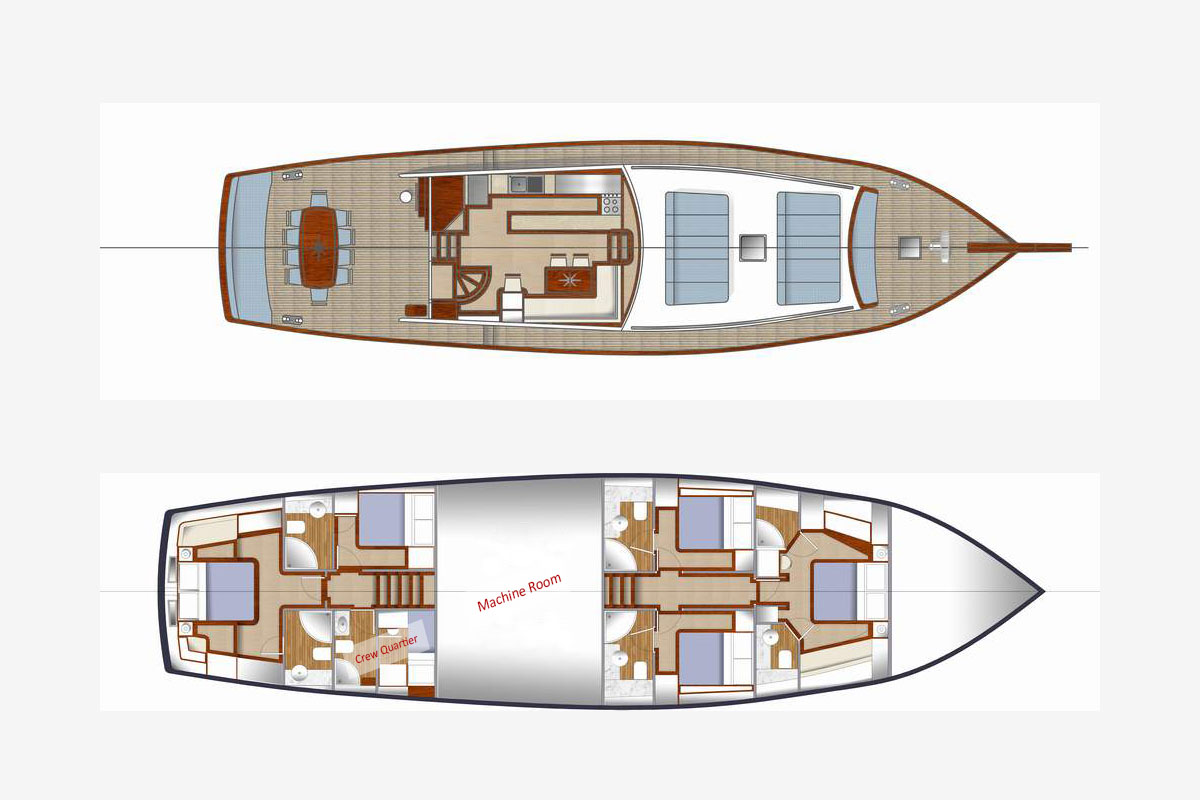 Boat floor plan with two levels: upper deck shows outdoor seating and dining area; lower deck includes cabins, bathrooms, a machine room, and crew quarters. Layout illustrates the arrangement of rooms and spaces on the yacht.