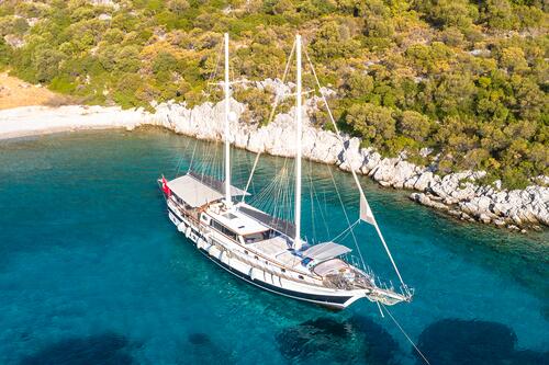 Aerial view of a large sailboat anchored in clear turquoise water near a rocky shoreline with dense green trees and shrubs.