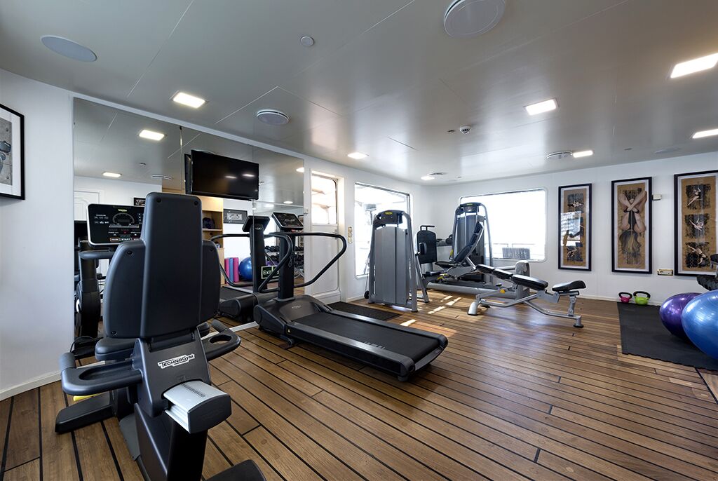 A modern gym with wooden floors features treadmills, exercise bikes, weight machines, free weights, and exercise balls. Large windows let in natural light and framed art decorates the walls.