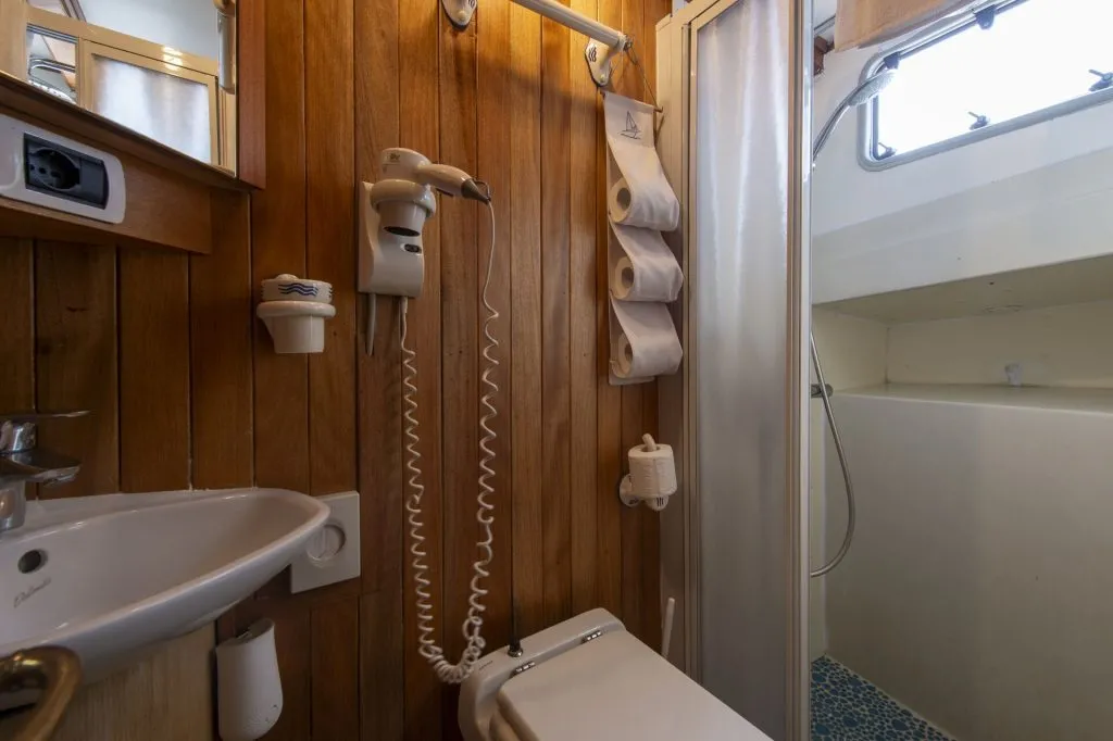 A small bathroom with wood-paneled walls, a sink, a mounted hairdryer, a shelf, several rolls of toilet paper, a toilet, and a shower with sliding doors. Natural light comes through a window above the shower.