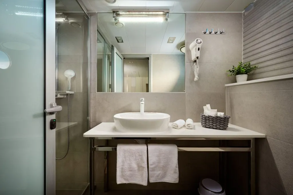 Modern bathroom with a white sink on a countertop, large mirror, wall-mounted hairdryer, rolled towels in a basket, potted plant, glass shower door, and gray tile walls.