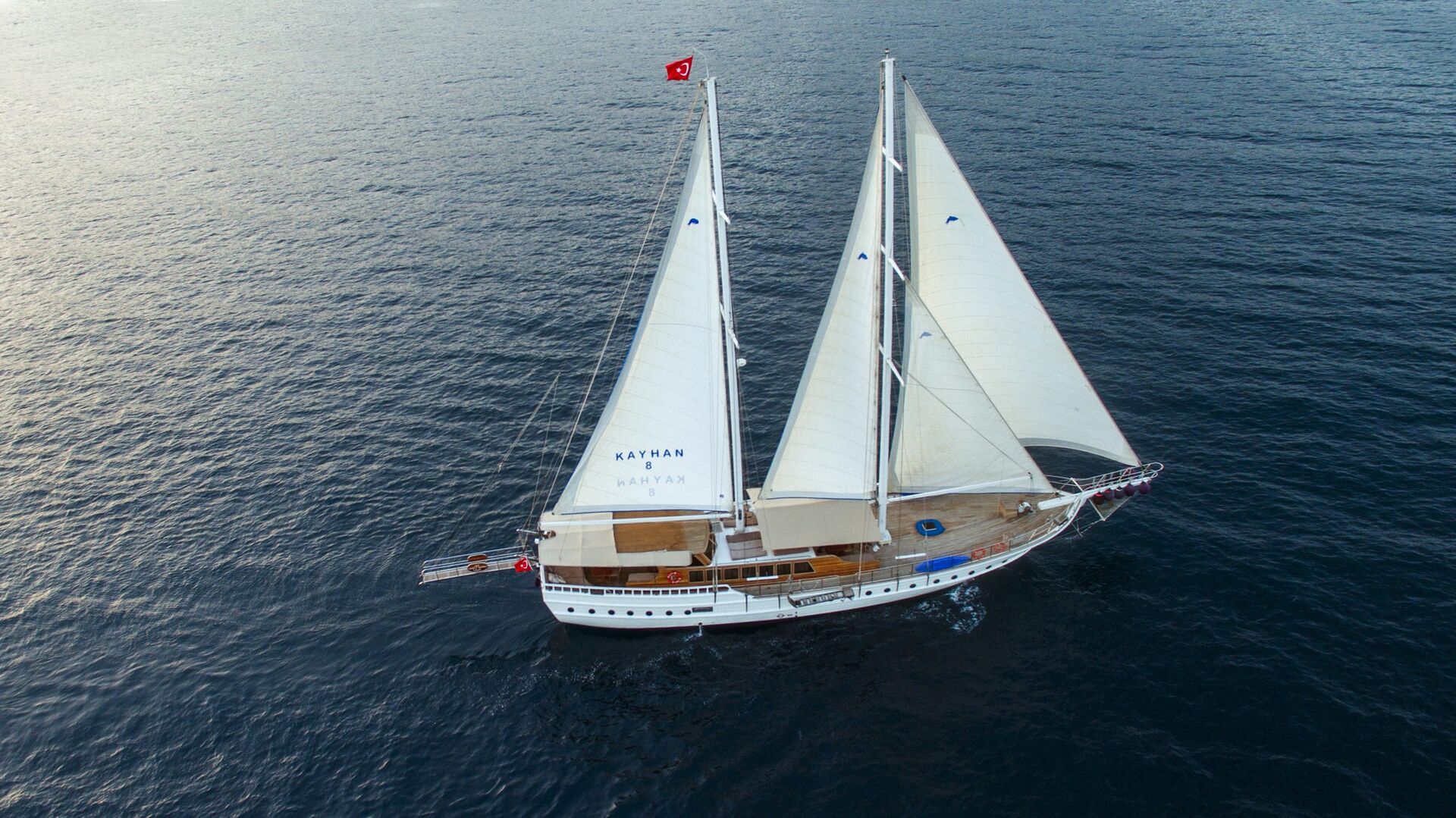 A white sailing yacht with two sails is moving across calm, dark blue water. The yacht has a Turkish flag at the stern and another on the main mast. The deck is wooden, and the yacht is seen from above.