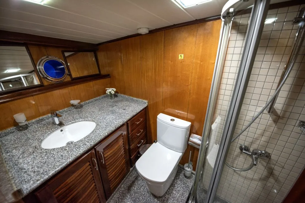 A compact bathroom with wood-paneled walls, a granite countertop sink, a white toilet, a mirrored cabinet, and a glass-enclosed shower with tiled walls. A round porthole window is above the sink.