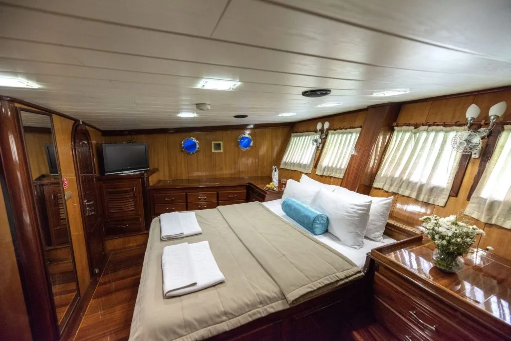 A cozy, wood-paneled cabin bedroom with a large bed, white and beige bedding, rolled blue pillow, two folded towels, a TV, drawers, portholes, curtains, lamps, and a vase of flowers on a nightstand.