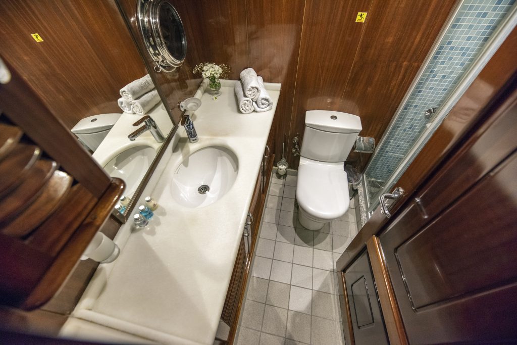 A compact, modern bathroom with wood-paneled walls, a white sink and countertop, a toilet, a glass shower, a mirror, and neatly arranged towels and toiletries.
