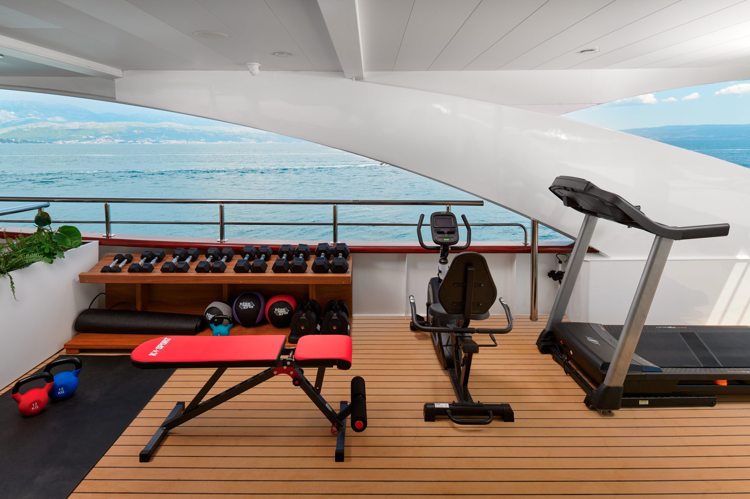 A gym area on a yacht deck with a treadmill, recumbent exercise bike, adjustable red weight bench, dumbbells, kettlebells, and medicine balls overlooking the sea.
