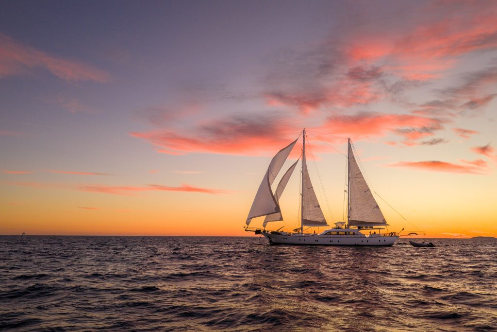 A large sailboat with white sails glides across calm ocean water at sunset, with vibrant pink and orange clouds in the sky.