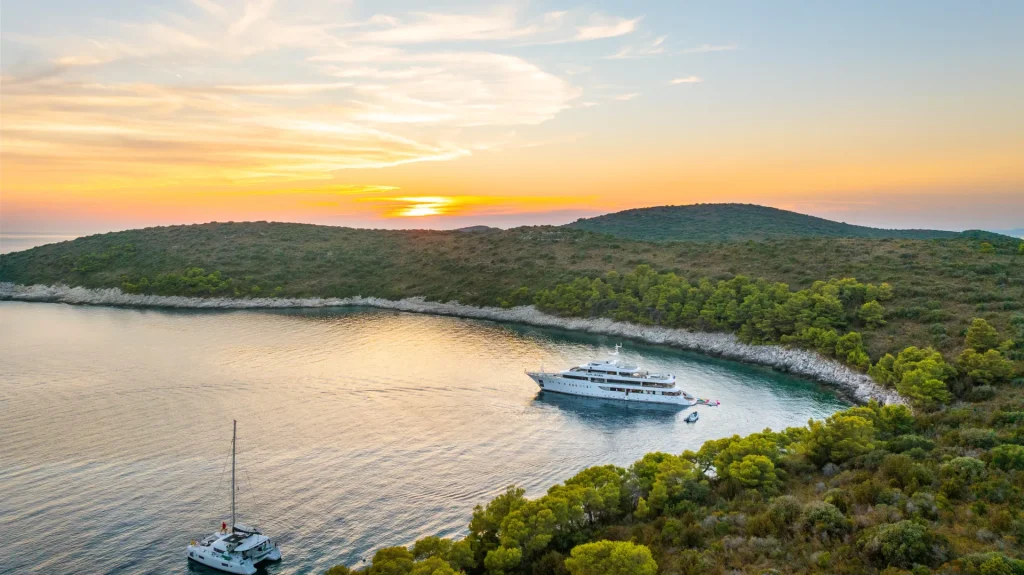 A yacht and a sailboat anchored in a calm bay surrounded by green hills at sunset, with the sky painted in warm orange and yellow tones.